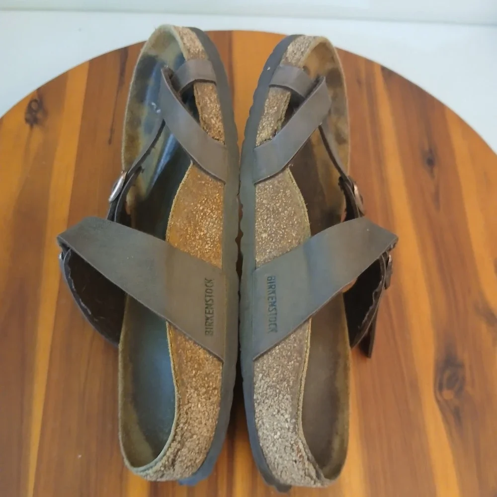 Birkenstock Mayari Sandals Womens 38 Brown Leather Strappy Cork Footbed Slides
